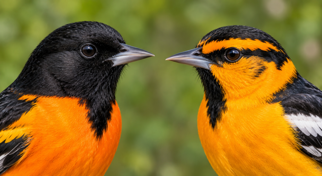 Illustration comparing the facial pattern of a Baltimore Oriole and a Bullock's Oriole