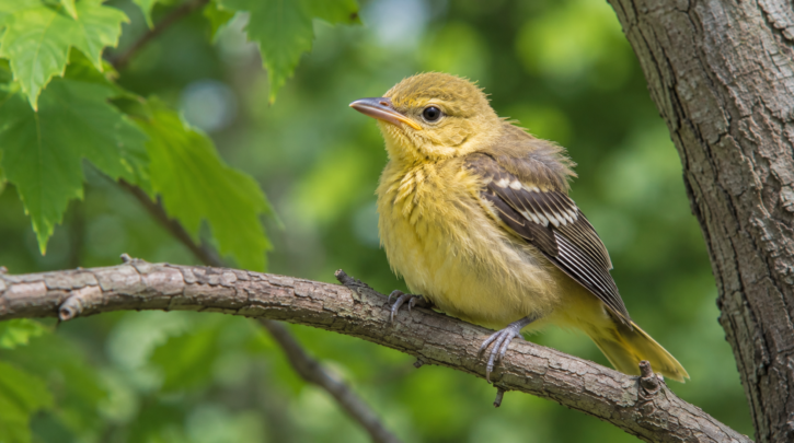 Illustration of a fledgling oriole near its nest tree