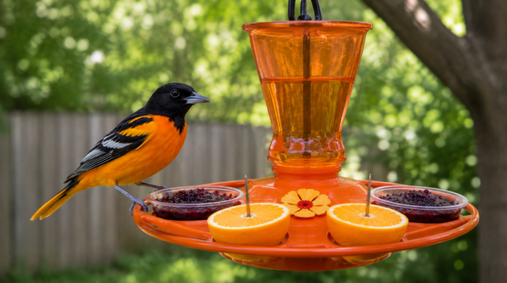 Illustration of an oriole at an all-in-one feeder offering nectar, jelly, and orange halves