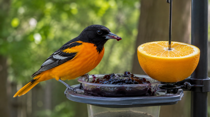 Illustration of an oriole feeding on jelly and orange halves
