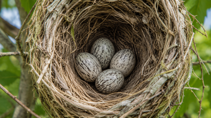 Illustration of scrawled oriole eggs inside a woven pouch nest