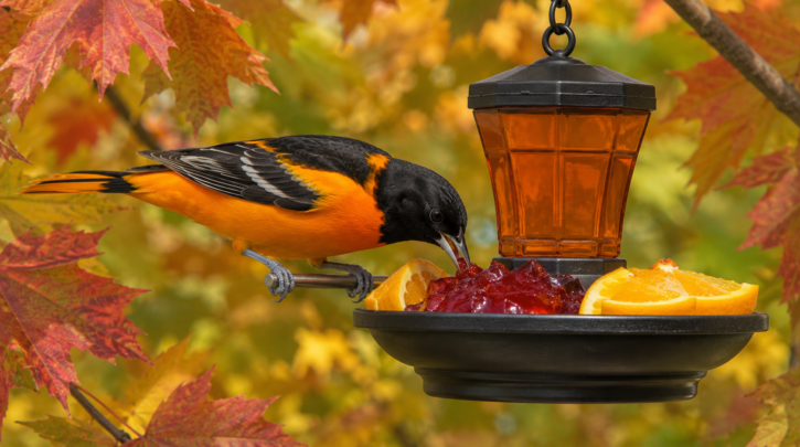 Illustration of an oriole fueling up at a feeder before fall migration