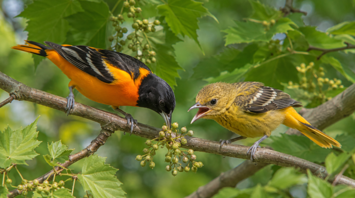 Illustration of an oriole family group foraging together in summer