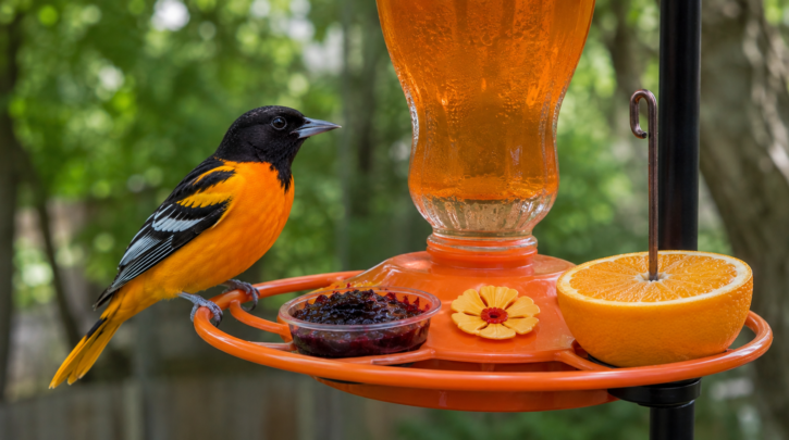 Detailed, semi-realistic illustration of a male Baltimore Oriole perched at a shallow dish of purple grape jelly, natural backyard background. Landscape orientation, wide rectangular composition, no text or lettering