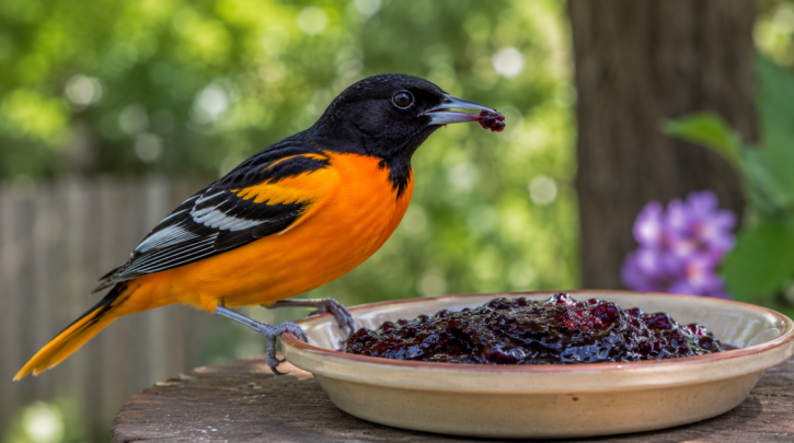 Illustration of an oriole feeding from a shallow dish of grape jelly