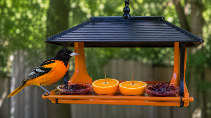 Illustration of an oriole at a dedicated jelly and fruit feeder