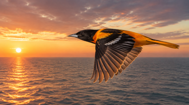 Illustration of an oriole in migratory flight over open water