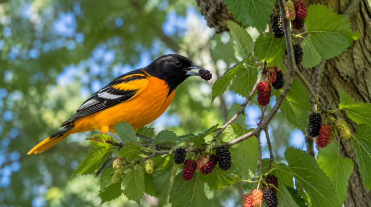 Illustration of an oriole feeding on mulberries in a tall tree