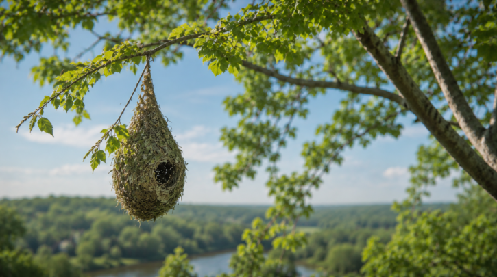 Illustration of an oriole nest hanging safely from a branch tip