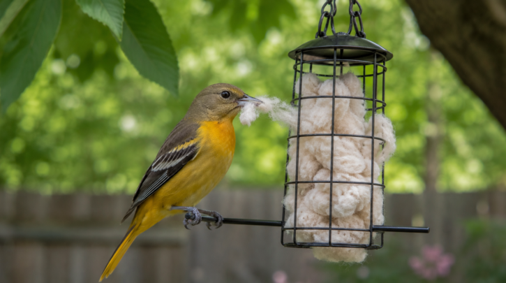 Illustration of an oriole gathering cotton tufts from a nesting material dispenser