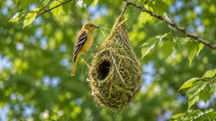 Illustration of a female oriole weaving her hanging pouch nest