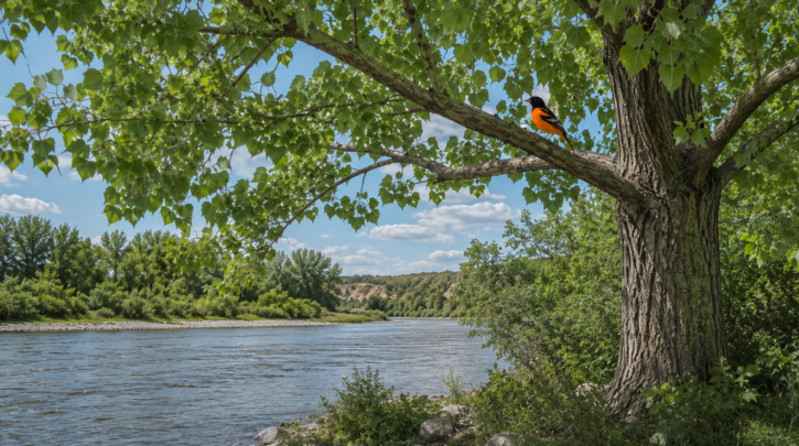 Illustration of an oriole in tall riparian tree habitat