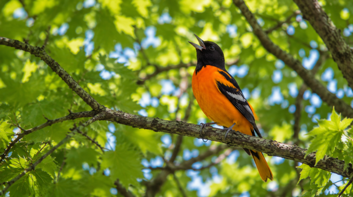 Illustration of a male oriole singing from high in the canopy