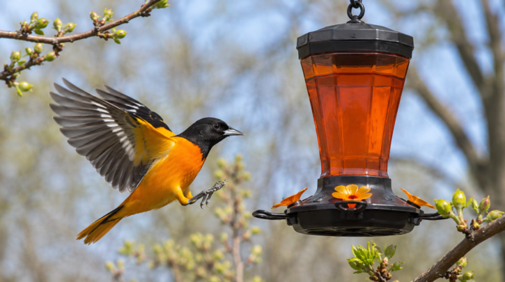 Illustration of an oriole arriving in spring after migration