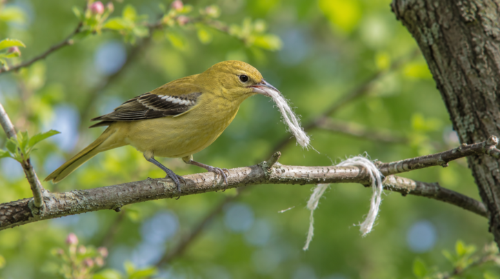 Illustration of an oriole gathering safe nesting material