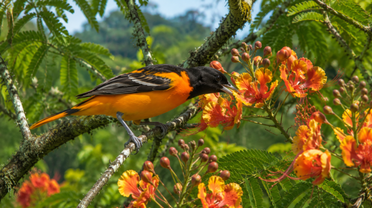 Illustration of an oriole on its tropical wintering grounds in Central America