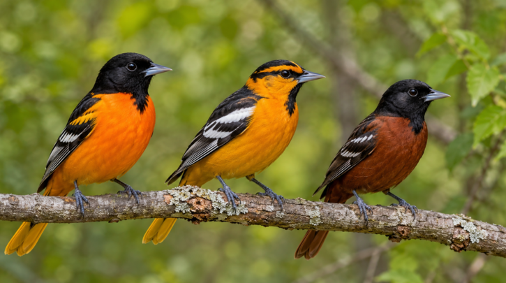 Illustration comparing Baltimore, Bullock's, and Orchard Oriole males